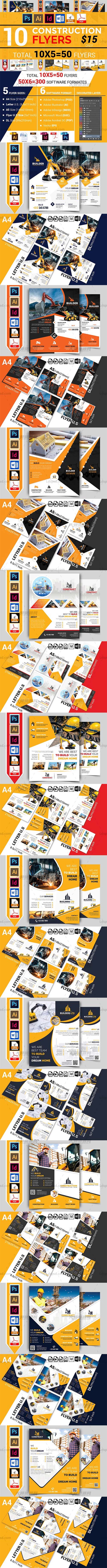 10个工程类施工传单模板合集(均含PSD/INDD/AI/EPS/DOCX/PDF格式)：10 Construction Flyer Bundle