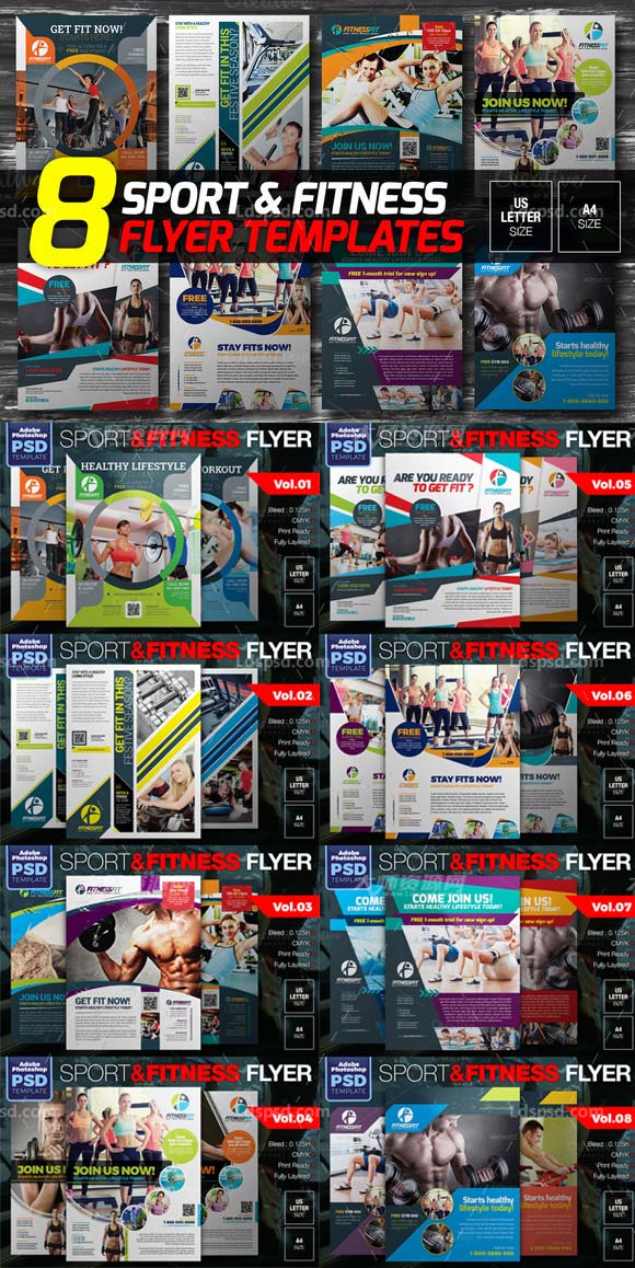 8-in-1 Sport & Fitness Flyers Bundle,8套健身行业专用的海报/传单模板