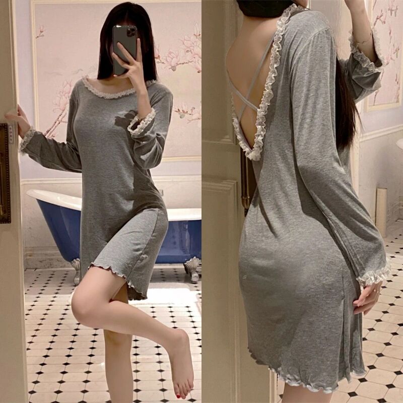 Nightgown for Women, Spring and Summer, Sexy Backless Lace Trim, Luxurious and High-End, Pure Desire Style Dress, Spring and Autumn Loungewear