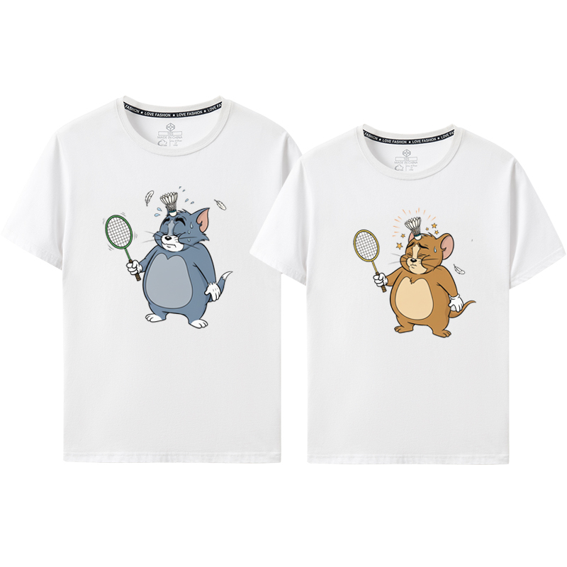 Tom and Jerry Funny Short-Sleeved T-Shirts, Couple Outfits, Practice Badminton More if You'Re Not Good at It Tom and Jerry Funny Short-Sleeved T-Shirts, Couple Outfits, Practice Badminton More if You'Re Not Good at It