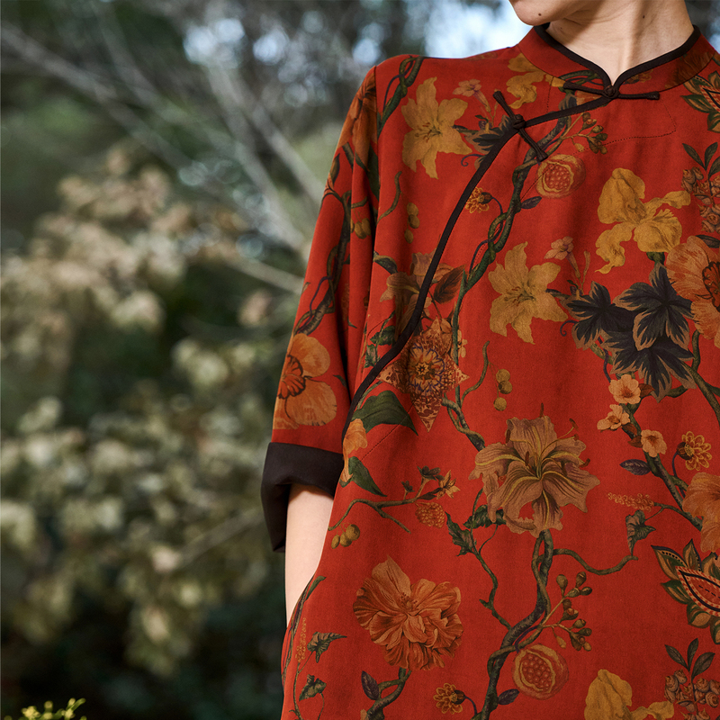 Chanson 35mm | Time and Zen Original Design Floral and Fruit Pattern Spray-Painted Heavy Crepe Silk Cheongsam Dress