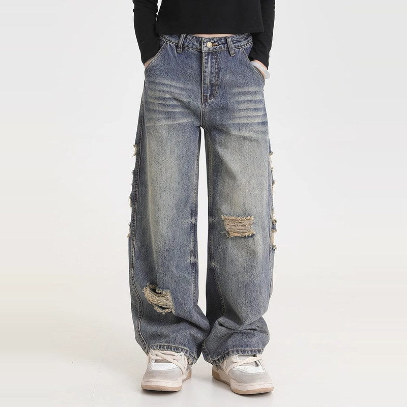 American High Street Vibe Ripped Irregular Vintage Washed Scimitar Jeans Unisex Loose Straight Wide-Leg Pants