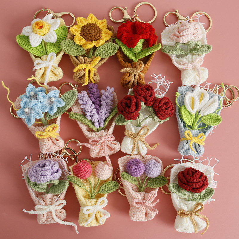 Finished Hand-Knitted Yarn Crochet Sunflower Keychain Pendant for Women's Backpack, Small Pendant, Flower Teacher's Day Gift