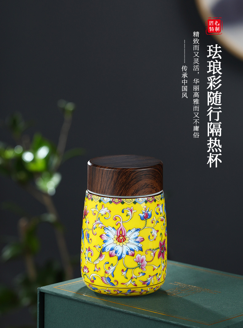 Jingdezhen ceramic cups colored enamel travel with heat insulation cup double water cup with cover glass box office