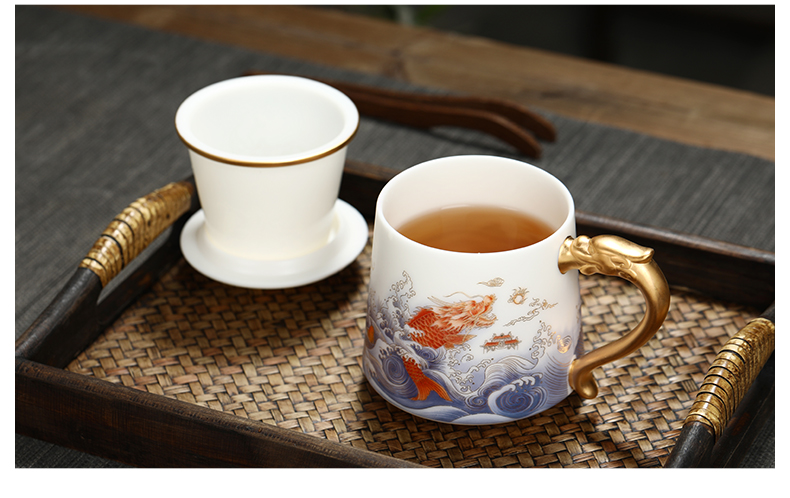 Jingdezhen ceramic filter cups with cover suet jade white porcelain separation boss office cup tea tea cup