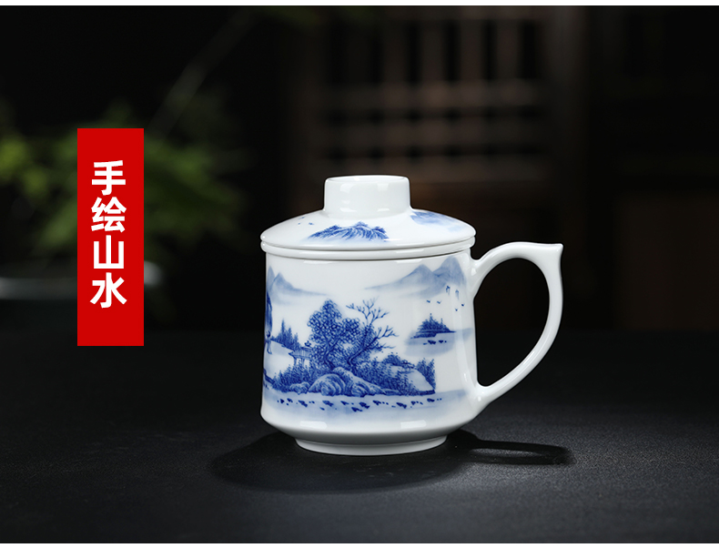 Blue and white porcelain tea cups of tea to separate office cup with cover hand - made glass jingdezhen ceramic filter cups