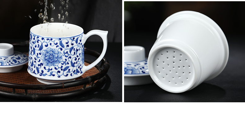 Blue and white porcelain tea cups of tea to separate office cup with cover hand - made glass jingdezhen ceramic filter cups