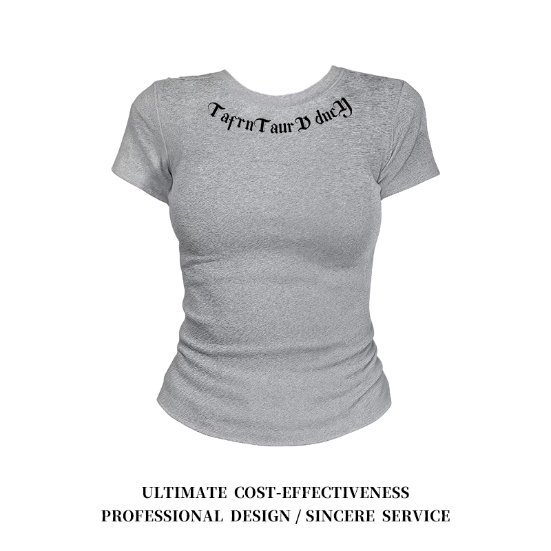 Gray Spicy Girl Style Unique Letter Print Short-Sleeve T-Shirt for Women, New Summer Slim-Fit Waist-Cinching Cropped Top