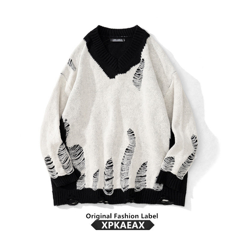 XPKAEAX Original Tide Card Small Crowd Design Sense Breaking Hole Line Clothes Men And Women Bf Wind Looters Lazy Collage of Knitted Cedar-Taobao