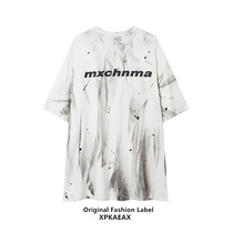 XPKAEAX Original Tide Card High Street Doing Old Short Sleeve Men And Women Blouses Summer Hand-painted Ink Letter Printed T-shirt Tide