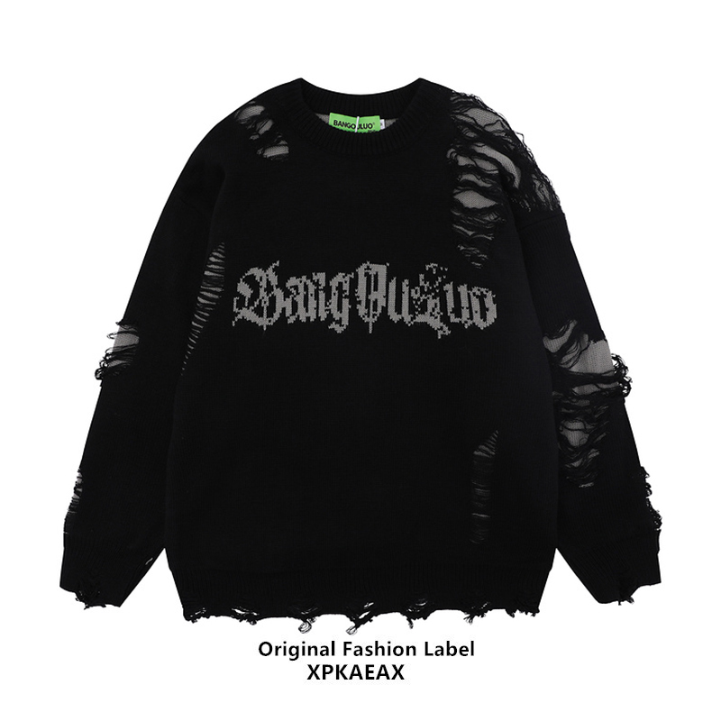 Xpkaeax Original Trendy Brand Niche Design Ripped Frayed Knit Sweater with Letter Jacquard Pattern Autumn Wear
