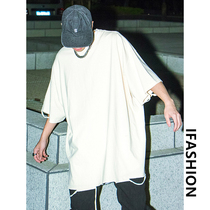 European and American high street oversize loose five-and-a-half sleeve t-shirt men's summer tide brand solid color Joker hip-hop short sleeve ins