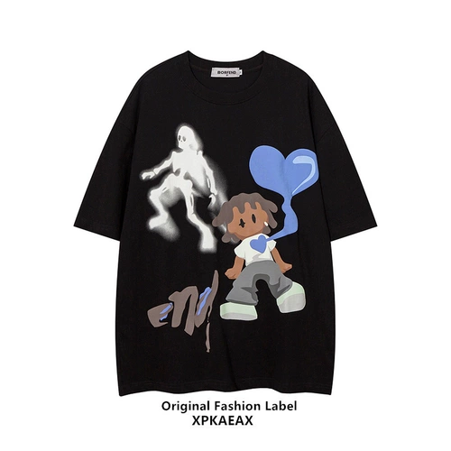 Оригинальная мультяшная парная одежда для влюбленных, брендовая футболка для отдыха, в американском стиле, короткий рукав, оверсайз