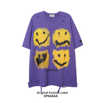 XPKAEAX original tide brand expression graffiti t-shirt men ins trend design sense niche hole short sleeve hiphop