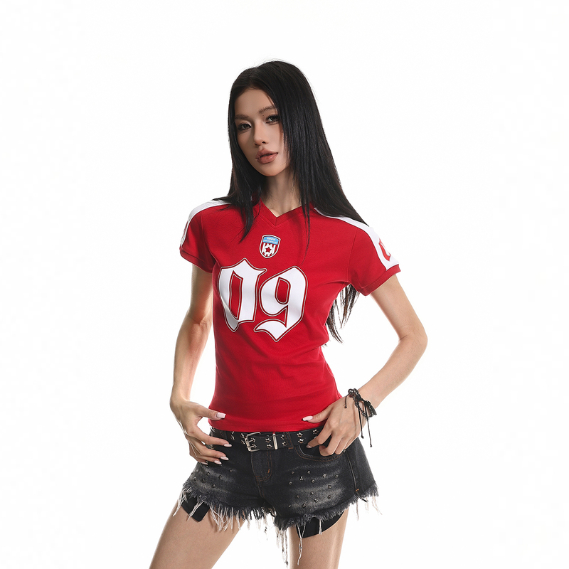 Xpkaeax American Retro Digital Print V-Neck Color-Block Short-Sleeve T-Shirt for Women, Summer Jersey, Regular Shoulder, Slim Fit Top