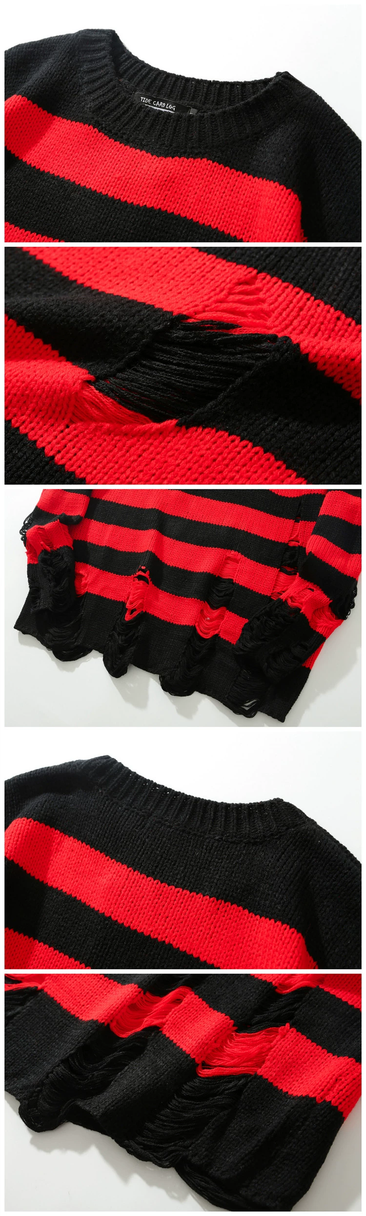 Black Red Striped Sweaters Washed Destroyed Ripped Sweater Men Hole Knit Jumpers Men Women Oversized Sweater Harajuku mens roll neck jumper