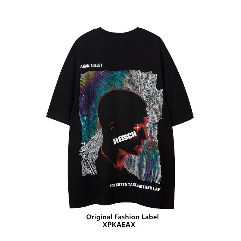 XPKAEAX Original Tidal Wave Black Mystery Printed Short Teak Man 2022 New Personality Fashion Loose T