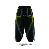 XPKAEAX Original Tide Sign Spray Paint Printed Sports Bunches Pants Mens Dark Black Ensemble High Street Hiphop Fried Street Pants