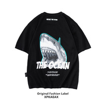 XPKAEAX Original Tide Brand Shark Printed Short Sleeve T-shirt Men's and Women's ins Tide T-shirt Summer Loose Cotton Half Sleeve
