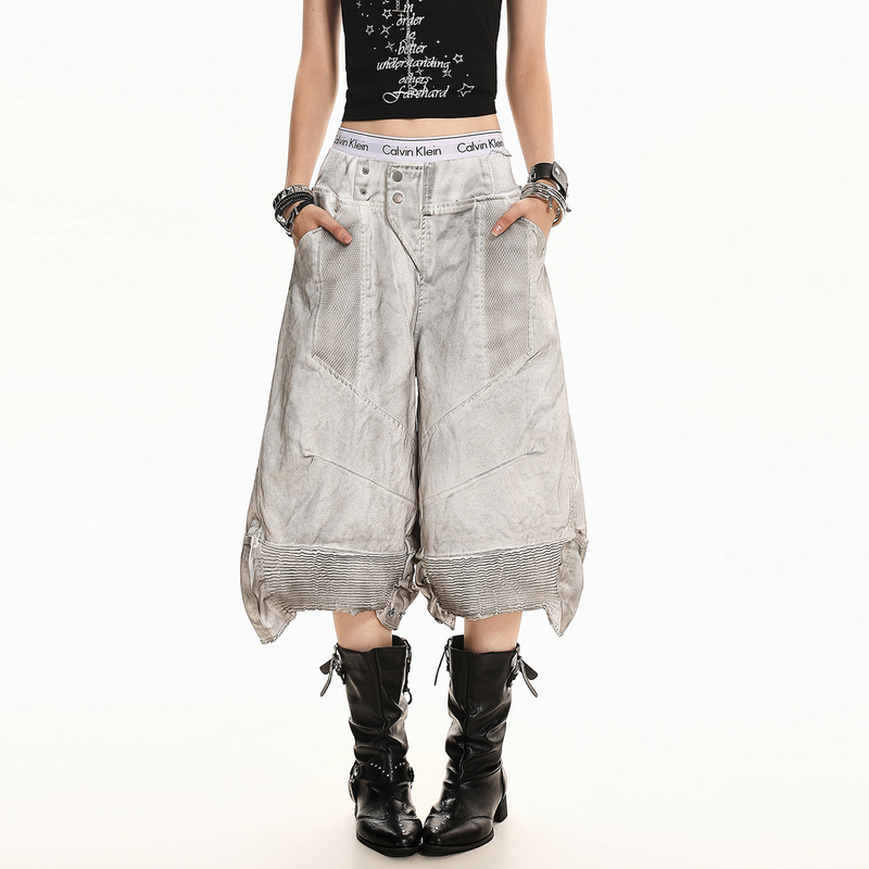 Xpkaeax American Retro Distressed Deconstructed Subculture Wasteland Style Wide-Leg Workwear Denim Capri Pants for Women