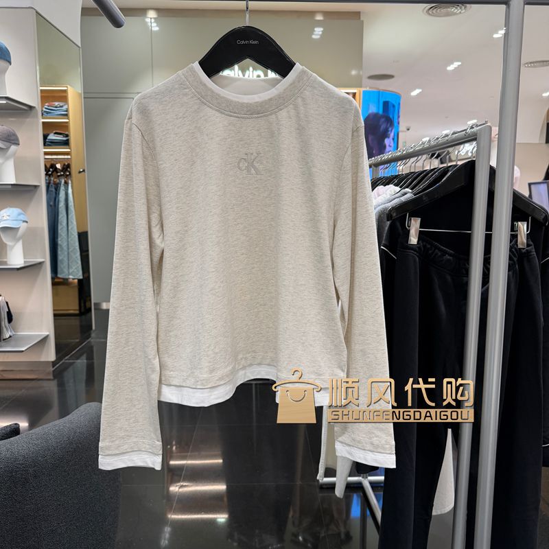 Ck Jeans26 New Autumn Style Women's Fake Two-Piece Pure Cotton Plain Knit Loose Round Neck Long-Sleeved T-Shirt 47J229G Ck Jeans26 New Autumn Style Women's Fake Two-Piece Pure Cotton Plain Knit Loose Round Neck Long-Sleeved T-Shirt 47J229G