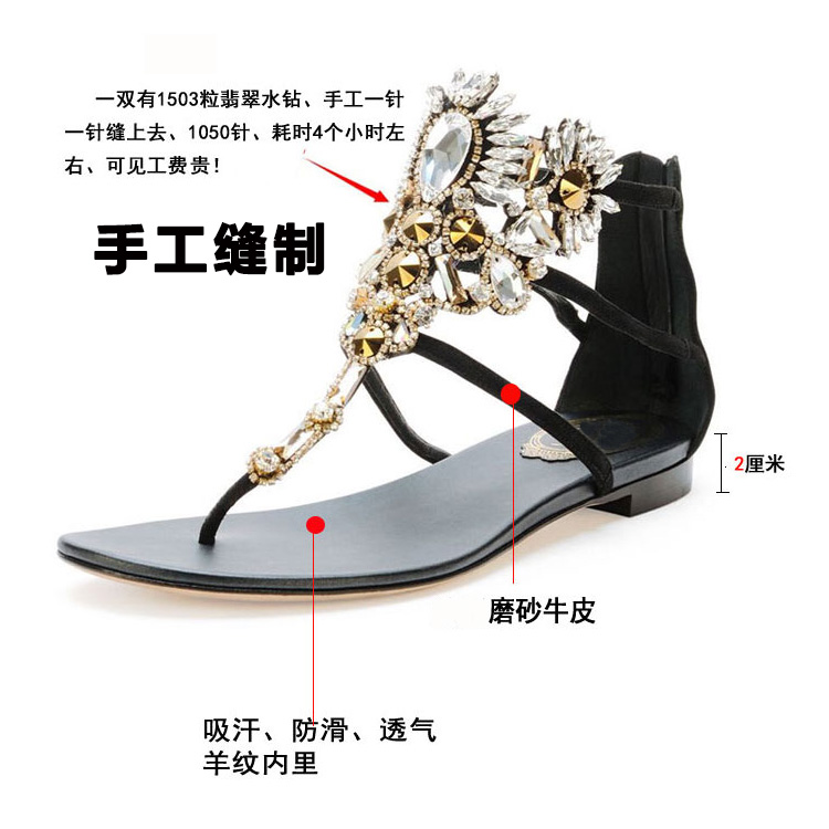 Leather 2018 new summer women's shoes European handmade flat with rhinestone sandals pinch flat bottom Rome toe sandals and slippers