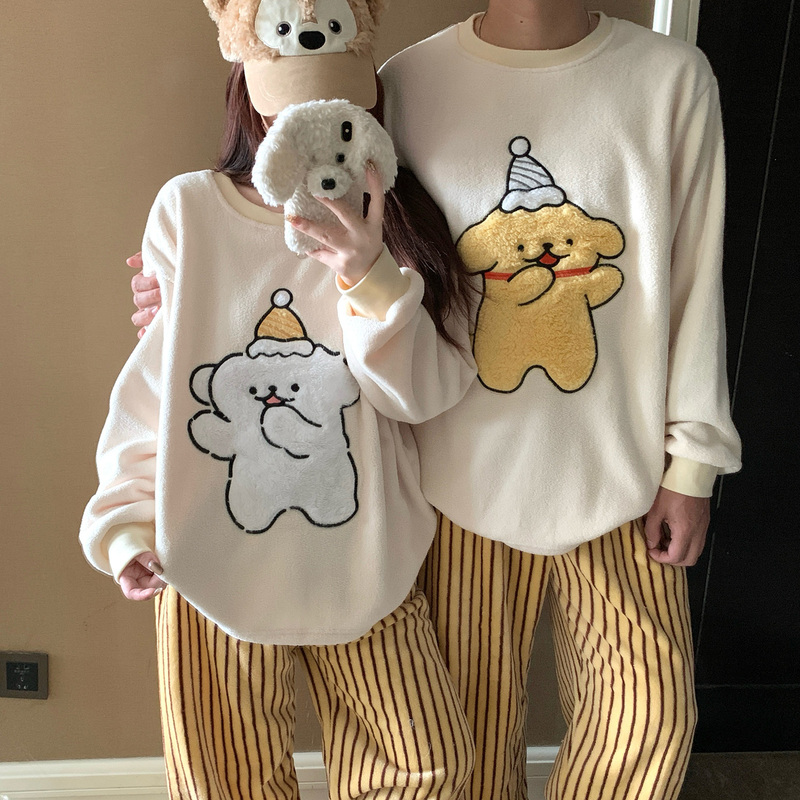 Line Pattern Puppy Pajamas for Women, Autumn and Winter Fleece-Lined and Thickened Couple Set, Winter Coral Fleece Men's Loungewear Line Pattern Puppy Pajamas for Women, Autumn and Winter Fleece-Lined and Thickened Couple Set, Winter Coral Fleece Men's Loungewear