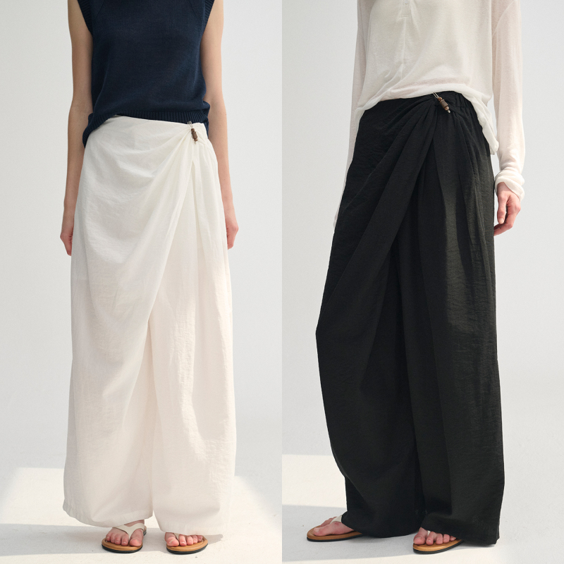 3One Niche Design Textured Wrap-Style Pleated Irregular Multi-Layered Drape Casual Wide-Leg Straight Pants for Women
