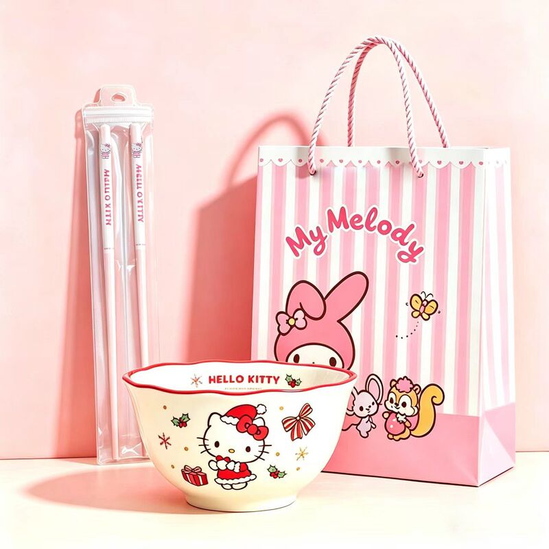 Authentic Sanrio Hellokitty High-Quality Ceramic Tableware Set for Home Use, Cute Bowl, Plate, and Cup Combination