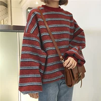 Hàn Quốc ulzzang phong cách Harajuku lỏng bf retro màu tương phản sọc đầu áo len dài tay nữ sinh viên Hàn Quốc áo vest nữ hàn quốc