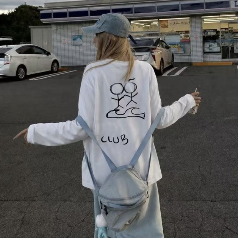 2026 Early Autumn Shenzhen Nanyou Black and White Stick Figure Print Round Neck Long-Sleeved T-Shirt Loose and Lazy Style Women's Top 2026 Early Autumn Shenzhen Nanyou Black and White Stick Figure Print Round Neck Long-Sleeved T-Shirt Loose and Lazy Style Women's Top