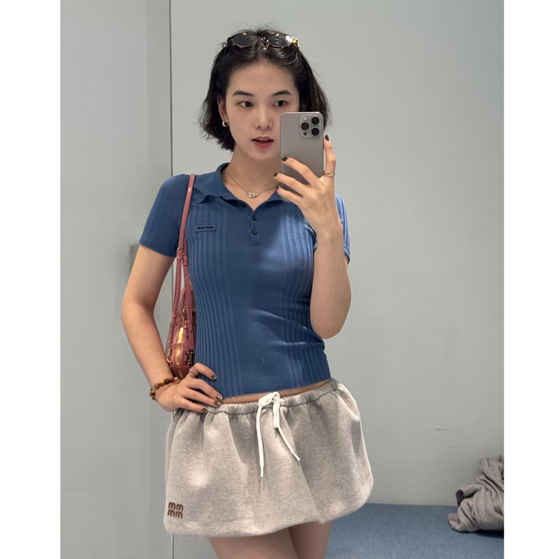 Shenzhen Nanyou Klein Blue Pit Stripe Polo Knit Short Sleeve Merino Wool Blue Knit Polo Shirt 2025 Autumn/Winter