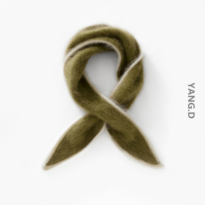 Sheep Wool Color-Blocked Long-Haired Brushed 100% Pure Cashmere Perforated Triangular Scarf for Women, Knitted Small Scarf for Autumn and Winter Warmth