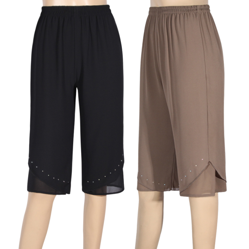 New Summer Chiffon Capri Pants for Middle-Aged and Elderly Women, Plus Size Mom's Clothing, Elastic Waist Wide-Leg Pants, Casual Pants, Women's Mid-Length Pants