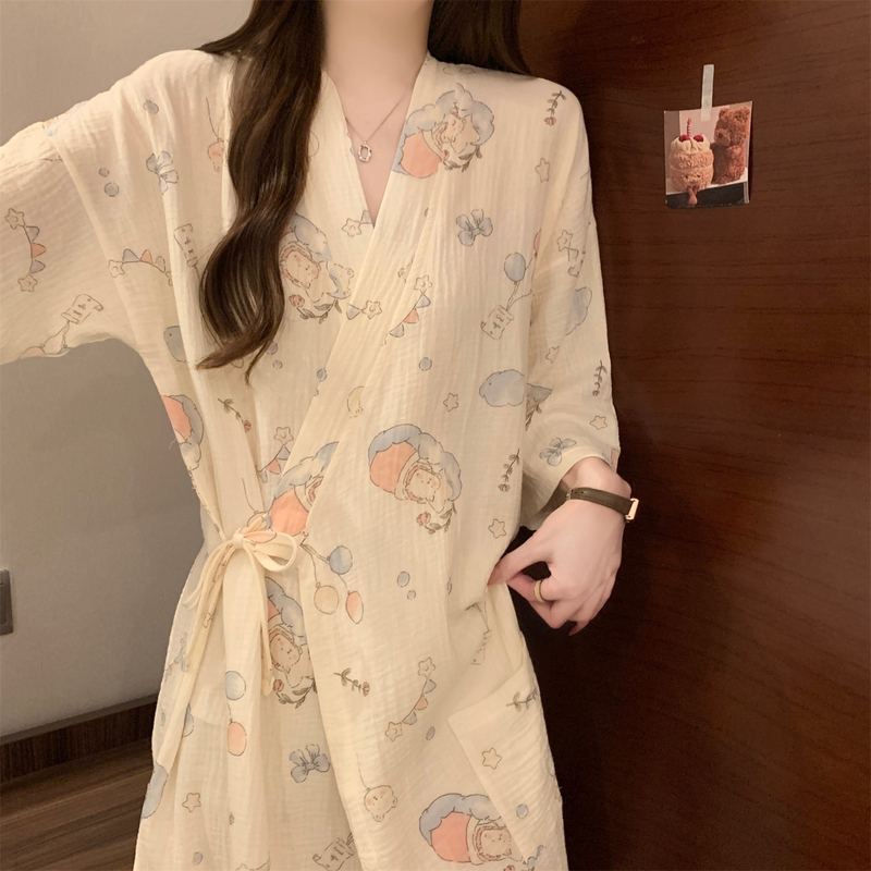 Wearable Absorbent Quick-Drying Bath Towel Pajamas for Women, Summer Short-Sleeved Pure Cotton Gauze Bathrobe, Tie-Up Nightgown, Nightdress