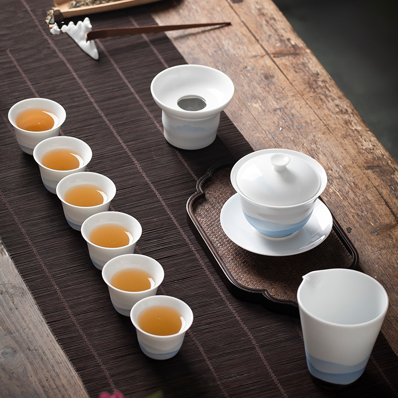 Jingdezhen Handmade White Porcelain Kongfu Tea Furniture Set Ceramic Cover Bowl Home Tea Cup Whole Set Gift Brief Tea Group
