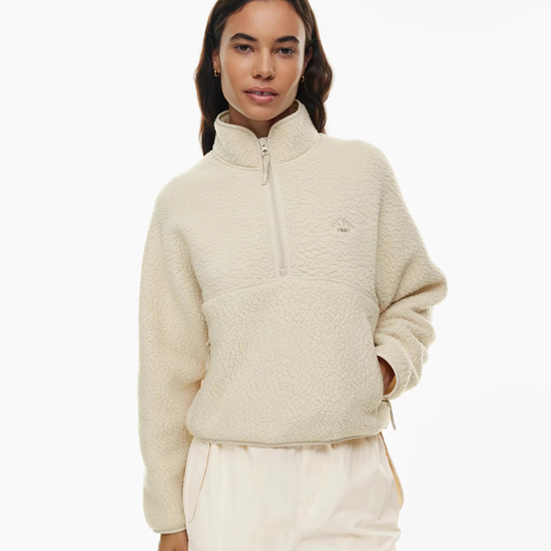 【Tna Tennis】Fleece Imitation Lamb Wool Cream Stand Collar Warm Loose Half-Zip Pullover for Women