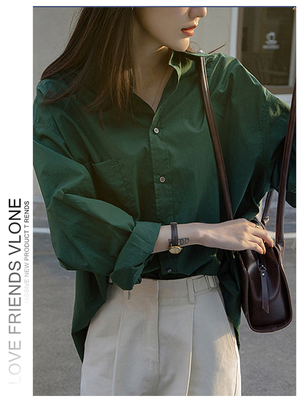 Japanese-Style Green Shirt for Women, New Spring and Autumn Loose Fit, Slimming Long-Sleeve Shirt with Unique Design, Niche Retro Hong Kong Style Shirt