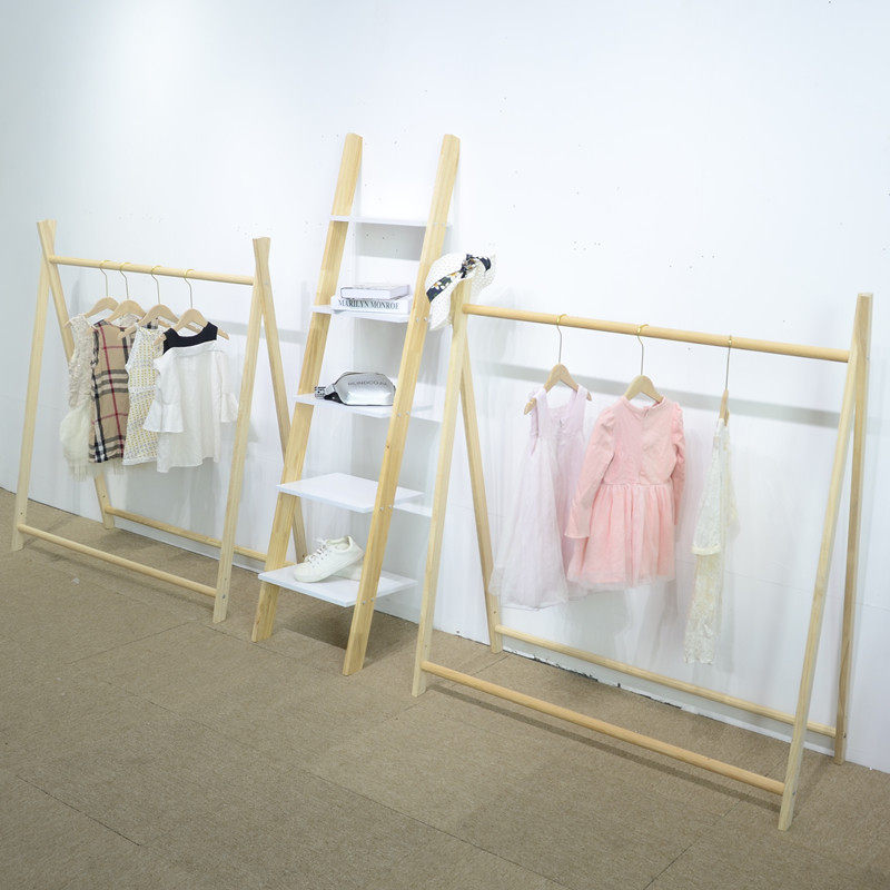 Clothing store coat rack Floor to ceiling bedroom Nordic solid wood hanging hanger children's clothing room simple wooden clothes rack