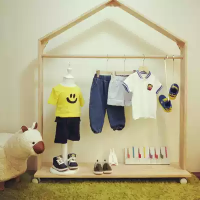 Clothing display stand solid wood Mobile floor rack Nordic wind log simple men and women's children's clothing store decoration hanger INS