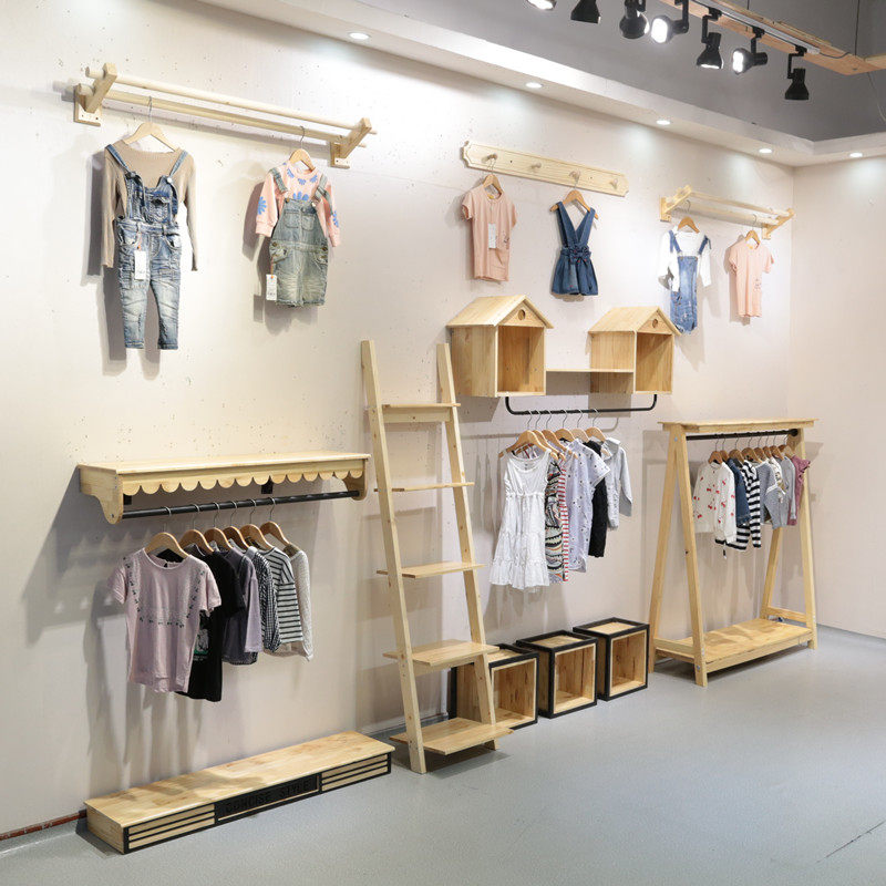 Clothing store Wood color wall combination side hanging display stand Floor-standing children's clothing store decoration shelf Clothing shelf