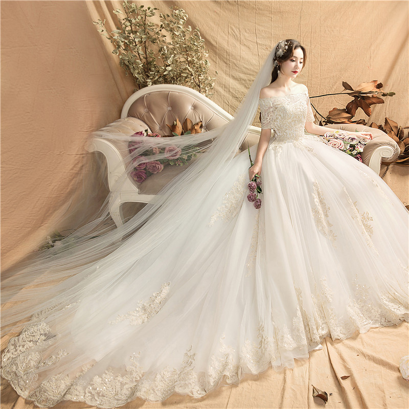 Wedding 2020 mới lớn mã cô dâu chương mỏng đám cưới nhỏ ăn mặc một từ vai kéo lớn tăng chất béo mm mỡ