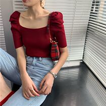 Summer 2024 new Korean design retro internet celebrity square collar slim knitted top short short-sleeved T-shirt for women
