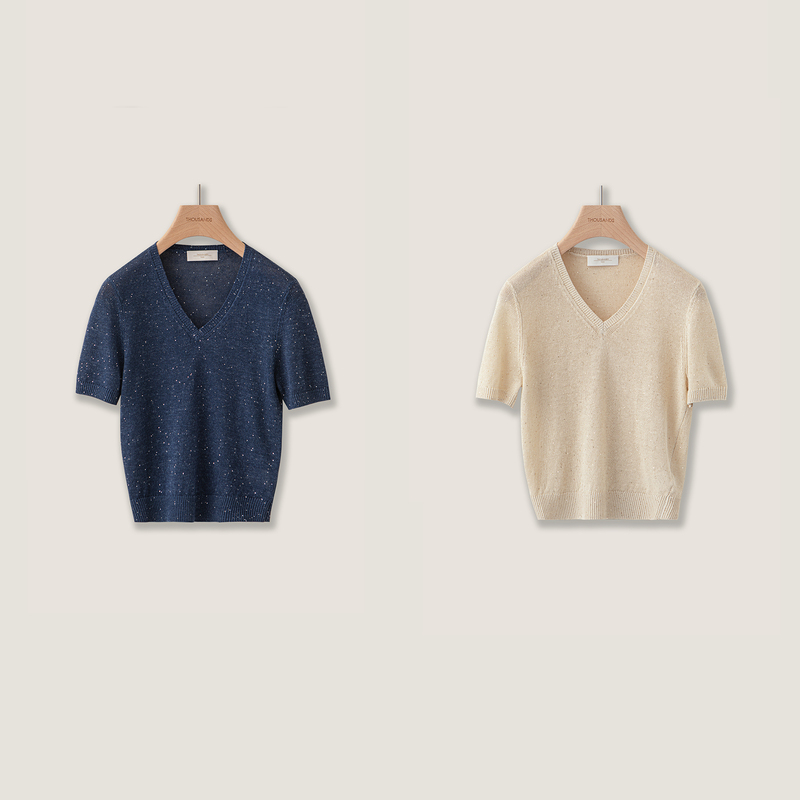 Three Thousand | High-End Silver Sequin Ultra-Soft French Linen Fine Yarn/Bc Quiet Luxury V-Neck - Round Neck Knitwear Bm3388