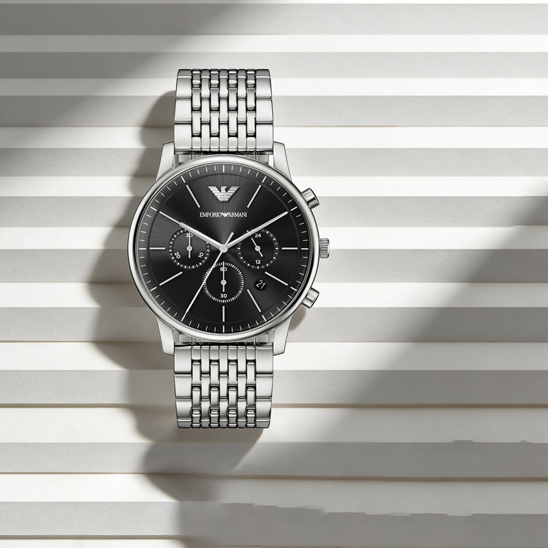 [New Product in 26 Years] Armani Men's Business Watch with Black Dial, Steel Band, Three-Eye Chronograph Quartz Watch Ar11772