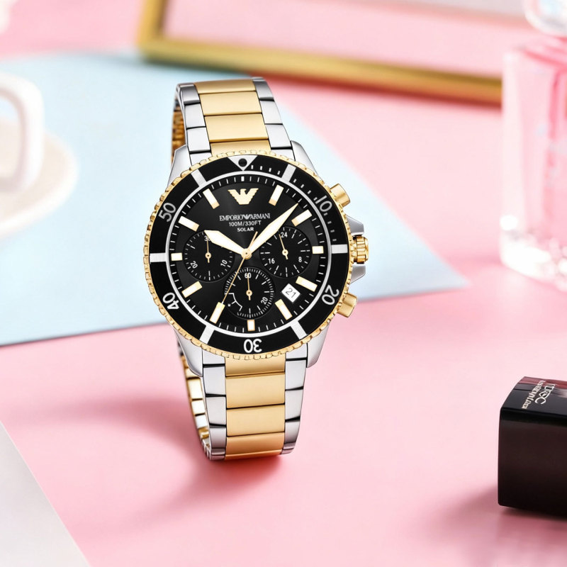 Armani Men's Submariner Three-Eye Chronograph Steel Band Watch Trendy Wristwatch Gift Ar11680