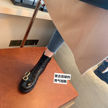 Special recommendation ~ retro genuine leather metal buckle round head Slim Woman Single Boot Yingren Fall Flat Bottom Martin boot insole