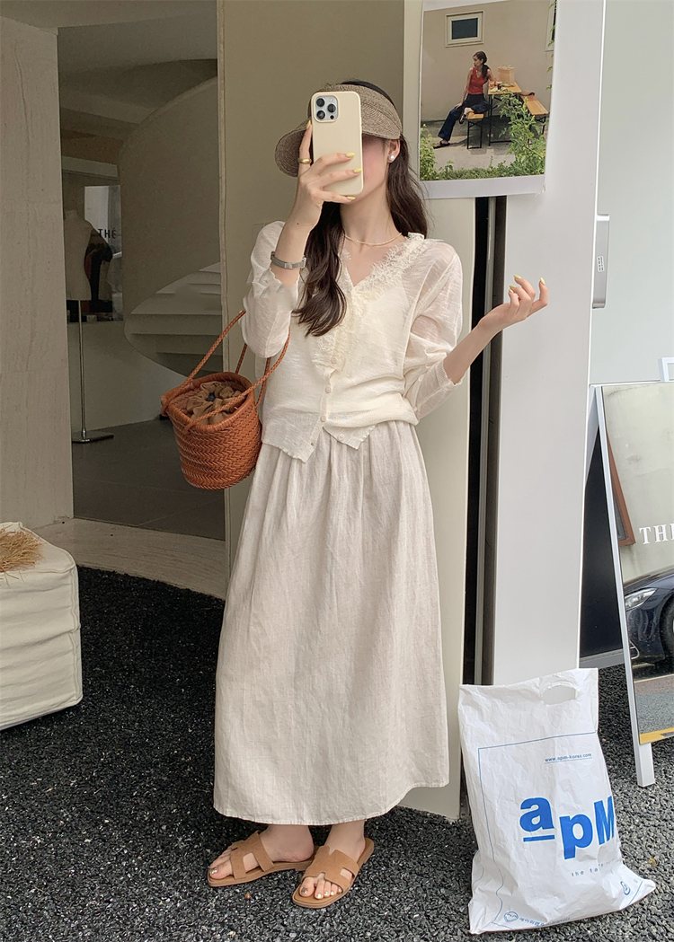 Одежда модная солнца защиты 韩系亚麻天丝半身裙女夏季中长版松紧高腰防晒直筒裙百搭宽松裙子