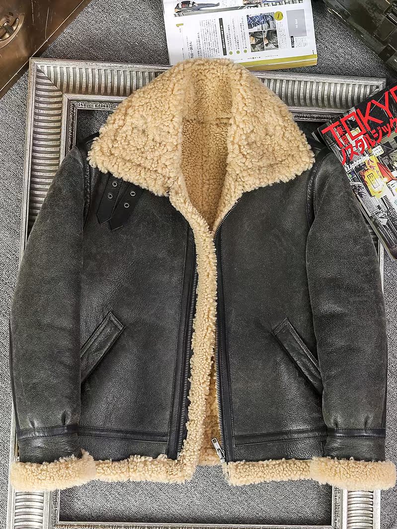 Lapel original ecological thickened b3 sheep fur one-piece leather coat men's short fur pure leather motorcycle jacket winter