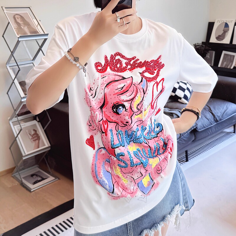 Momo Hardy 26 New Casual Cool Heavy-Duty Rhinestone Unicorn Women's Mid-Length Short-Sleeve T-Shirt Trendy Momo Hardy 26 New Casual Cool Heavy-Duty Rhinestone Unicorn Women's Mid-Length Short-Sleeve T-Shirt Trendy